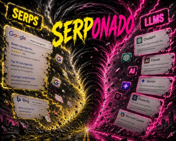 Serponado: ein Neon-Wirbelsturm fegt durch die Google- und Bing-SERPs und die KI-Antworten von ChatGPT, Claude, Gemini, Perplexity und Microsoft Copilot