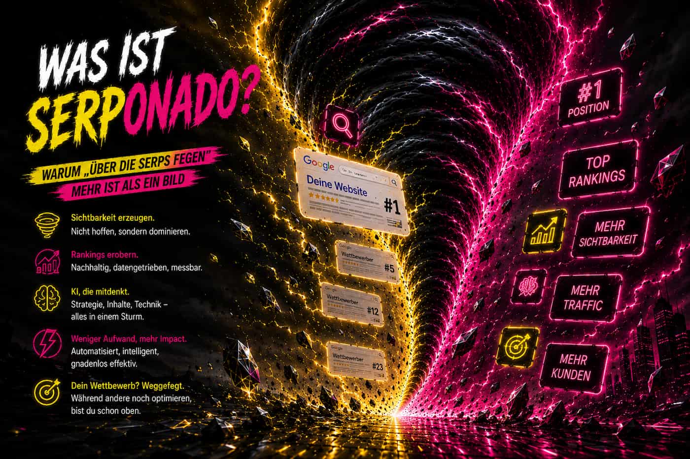 Infografik „Was ist Serponado?“: Ein Neon-Wirbelsturm fegt durch die Google-Suchergebnisse und hebt die eigene Website beim SEO Contest 2026 auf Platz 1.